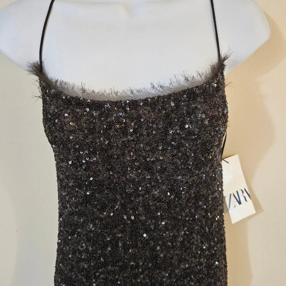 Zara Full Length Brown Sequin Dress - Size XL - Picture 2 of 7